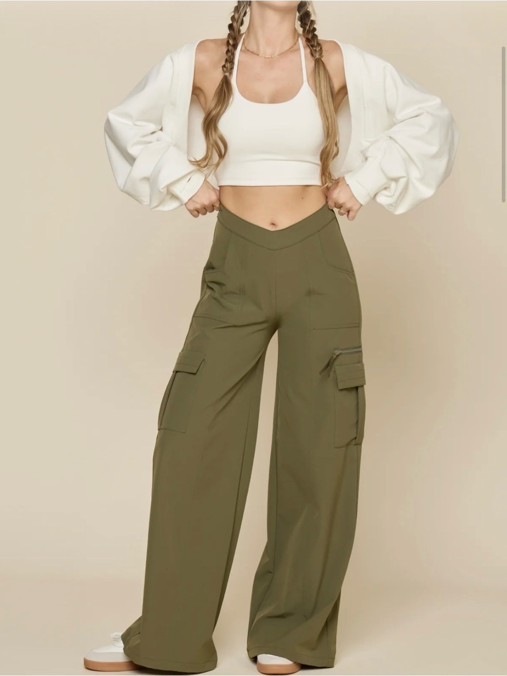 POPFLEX High-Waist and Y2K Cargo Wide-Leg Pant - Dark Olive